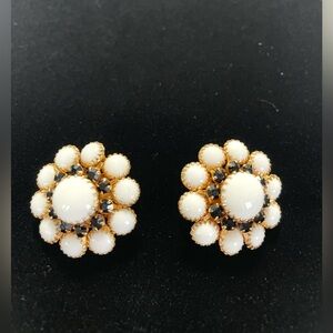 Signed Judy Lee Vintage Milk Glass & Rhinestone Clip on Earrings 1960’s